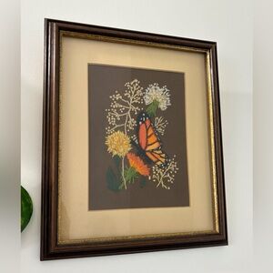 Framed Embroidery art work Titled ‘Monarch Butterfly and Wildflowers’